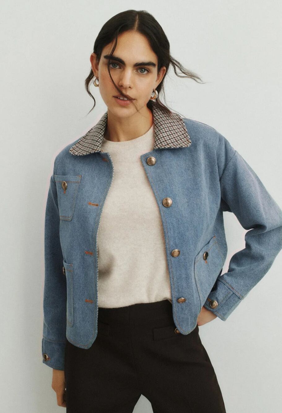 Sandro Light Blue Denim Jacket With Contrast Collar Women Size 10